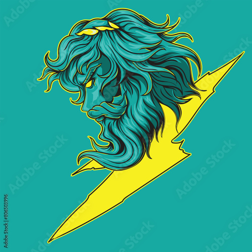 Zeus logo illustration facing right in blue with a burning yellow lightning bolt