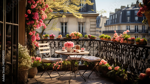 Chic Parisian balcony with wrought iron railings, a small caf?(C) table, and overflowing flower boxes, photo