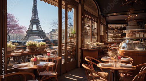 Chic Parisian caf?(C) with sidewalk seating, fresh pastries on display, and a view of the Eiffel Tower, photo