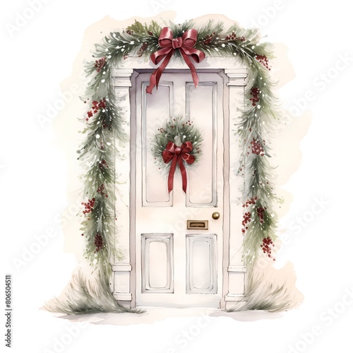 Hand drawn watercolor christmas wreath on door. New Year greeting card.