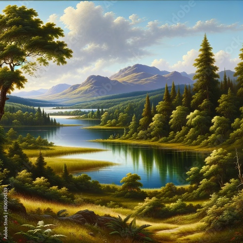 Landscape Painting of Lake and Mountains