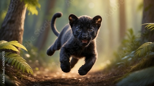 A black panther jaguar running in a forest photo