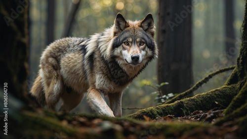 A wolf in a green forest photo