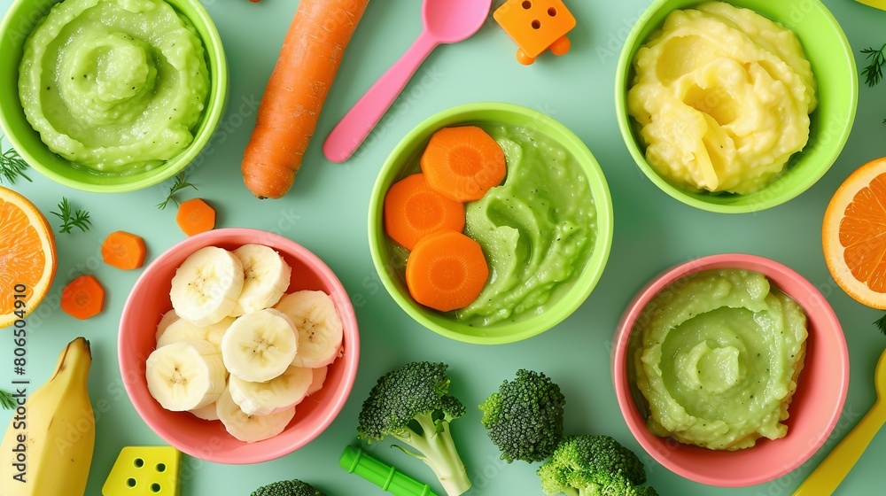 Infant food consisting of bowls filled with pureed vegetables and fruits in green, orange, and yellow hues, including broccoli, carrots, banana, and apple, accompanied by baby accessories and toys Infant food consisting of bowls filled with pureed vegetables and fruits in green, orange, and yellow hues, including broccoli, carrots, banana, and apple, accompanied by baby accessories and toys