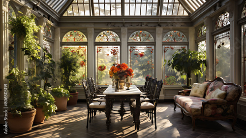 Classic conservatory with wrought iron furniture, climbing plants, and a glass-paneled roof,