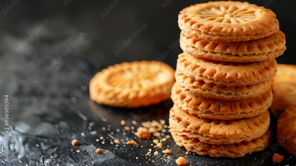 Stack of round biscuits with decorative patterns on dark surface crumbs around