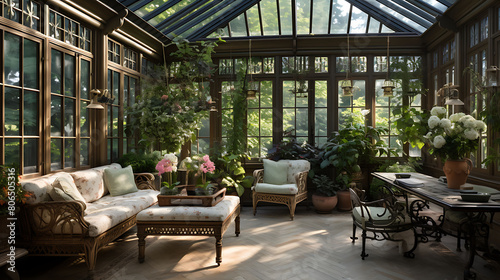 Classic conservatory with wrought iron furniture, climbing plants, and a glass-paneled roof,