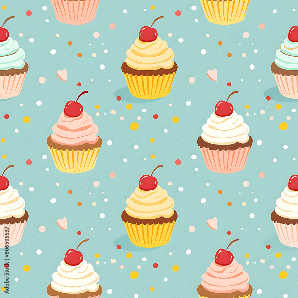 A seamless pattern of cute cupcakes in the kawaii style on a pastel blue background with colorful dots. Cartoonish designs. A seamless pattern of cute cupcakes in the kawaii style on a pastel blue background with colorful dots. Cartoonish designs.