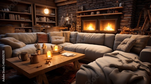 A cozy living room with a plush sectional sofa, soft throw blankets, and a crackling fireplace photo