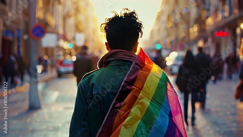 Person with curly hair carrying pride flag on city street at sunset photo
