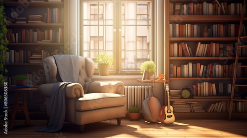 A cozy reading nook bathed in natural light, with a comfy armchair and a stack of books