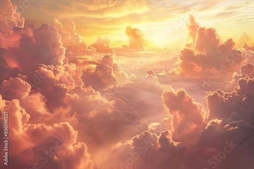 An ethereal landscape of pink, orange, and yellow clouds bathed in warm sunlight.