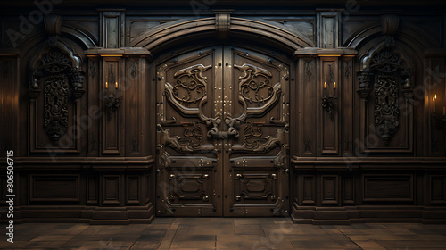 Classic wooden door with carved details and stained glass 