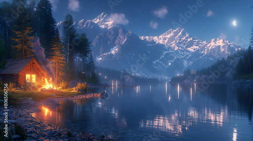 lake in the mountains   Twilight Serenity Campfire by Snow  Capped Mounta 