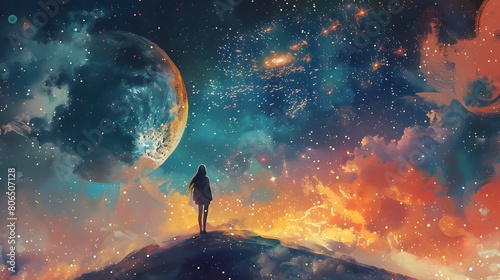 A solitary figure stands on a hilltop under a starry sky with a large detailed moon in the upper left corner surrounded by clouds and nebulae in hues of blue orange and pink an ethereal cosmic photo