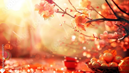 Traditional festive setting with oranges and blossoms under warm light photo