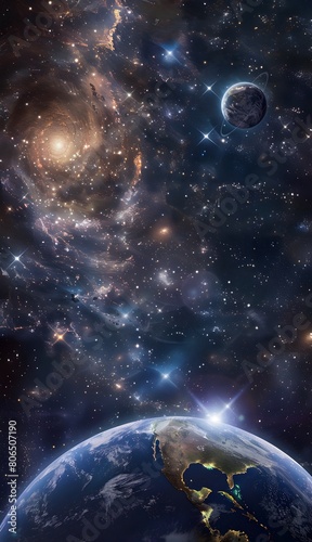 a cosmic scene with a detailed view of Earth in the foreground  showing part of the planet   s surface and atmosphere.