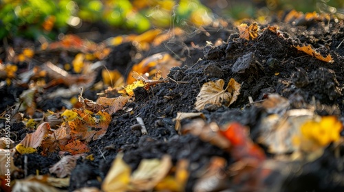 Close-up on a variety of plant residues breaking down into the soil, releasing carbon and nutrients, natural decomposition process