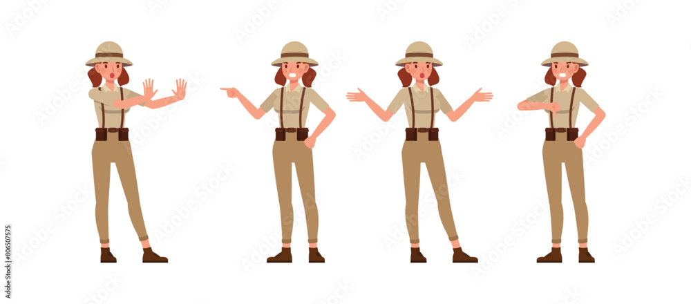 Set of Archaeologist woman wear brown suit character vector illustration design. Presentation in various action. Set of Archaeologist woman wear brown suit character vector illustration design. Presentation in various action.