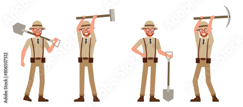 Set of Archaeologist man wear brown suit character vector illustration design. Presentation in various action.