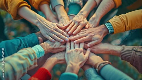 Concept of teamwork and collaboration. Holding hands in close-up top view symbolizes harmony and unity. photo