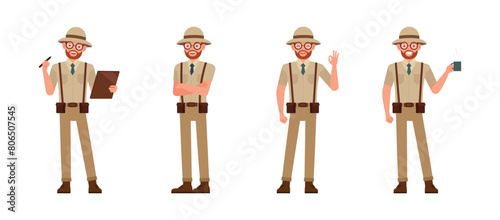 Set of Archaeologist man wear brown suit character vector illustration design. Presentation in various action.