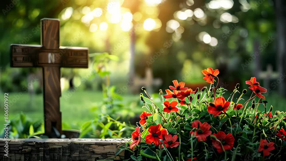 Wooden cross amidst blooming flowers with sunbeams Wooden cross amidst blooming flowers with sunbeams
