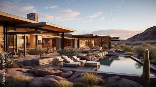 Contemporary desert home exterior with clean lines, floor-to-ceiling windows, and xeriscaping, photo