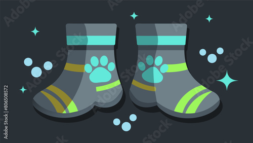 A set of reflective booties for pets to wear protecting their paws and increasing their visibility while exploring outdoors at night.. Vector illustration