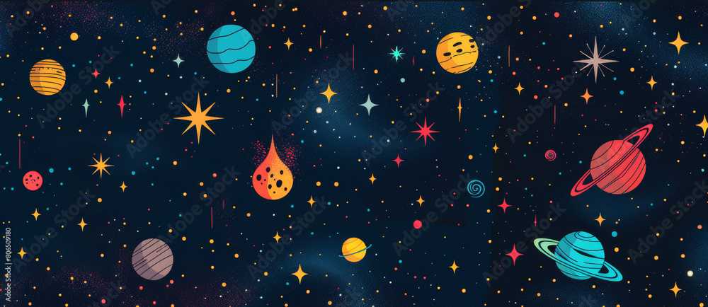 A vibrant, artistic illustration featuring a variety of whimsical planets and stars scattered across a dark background. A vibrant, artistic illustration featuring a variety of whimsical planets and stars scattered across a dark background.