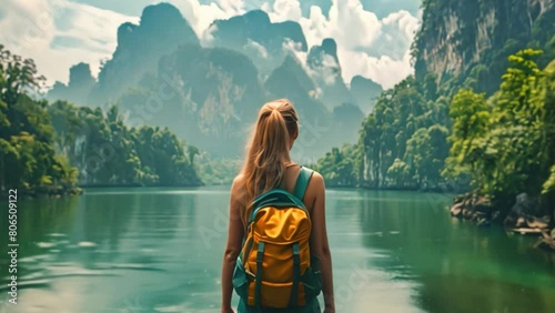 A young female tourist happily watches the mist and light of the morning sun while a female Asian tourist soaks in the beauty of the natural mountain landscape during a blissful vacation trip. photo