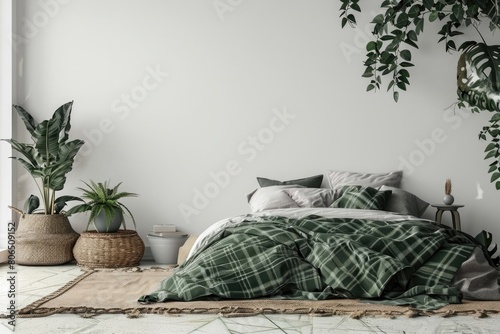 Home bedroom interior mockup with bed, green plaid, pillows, rug and plants on empty white wall background. Free space on left. 3D rendering
