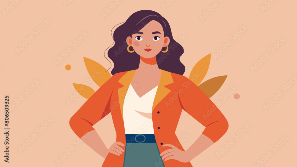 A woman proudly poses in her newly thrifted outfit showcasing how fashionable and affordable sustainable fashion can be.. A woman proudly poses in her newly thrifted outfit showcasing how fashionable and affordable sustainable fashion can be..