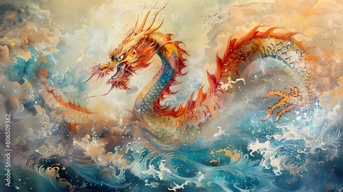 A colorful Chinese brush painting of a highly detailed colorful Chinese dragon baring its fangs. Fly among beautiful clouds Below the picture is a blue sea. The light hits the waves and sparkles.