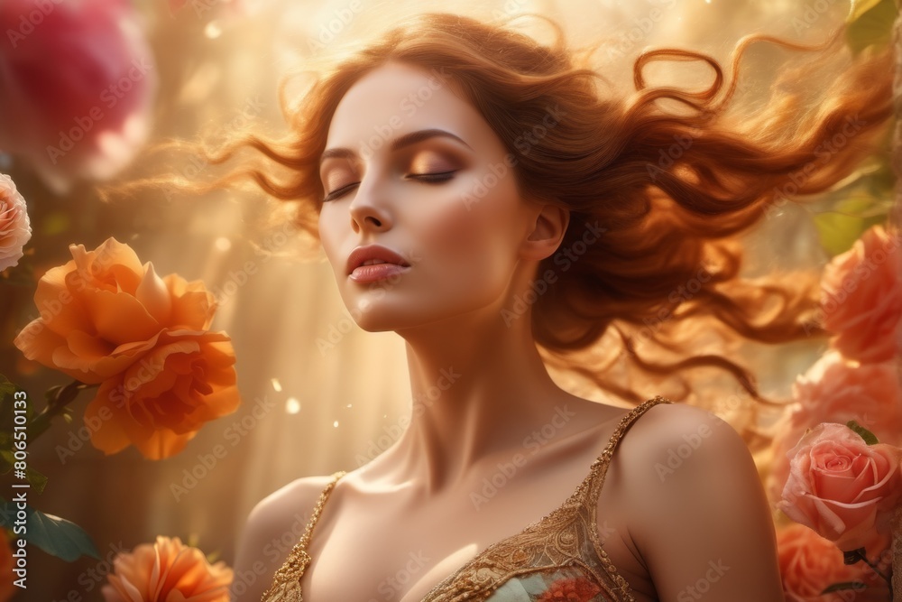 A beautiful and elegant woman is among the flowers in the glow. AI generated images. A beautiful and elegant woman is among the flowers in the glow. AI generated images.