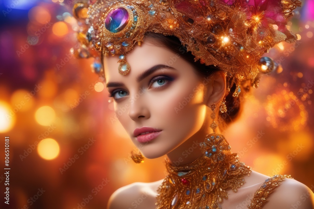Fototapeta premium Fair-skinned girl wearing an ornate tiara on defocused lights background. AI generated images.