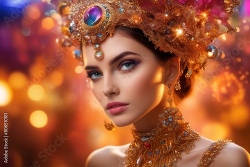 Fair-skinned girl wearing an ornate tiara on defocused lights background. AI generated images.