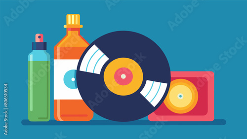 An open bottle of record cleaning fluid sits next to a stack of vinyl records ready to be used for a thorough preplay cleaning. Vector illustration