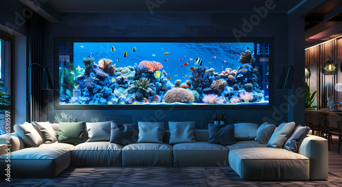 An large aquarium is located in the center of an elegant living room photo
