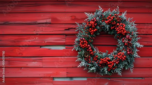christmas wreath on a wooden door, Christmas Wreath on a Red Barn Wall 