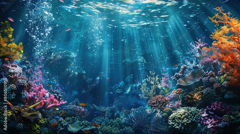 World Oceans Day. World Water Day. Blue ocean underwater life with coral reefs and colorful fish. Bright sunlight shines under the sea. Beautiful nature landscape. 