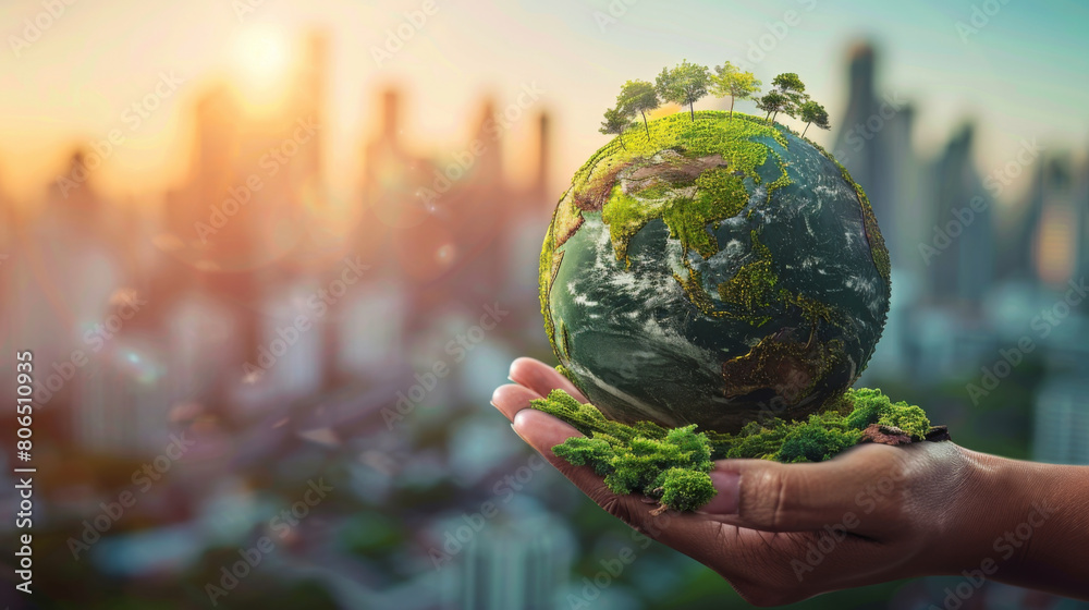 A conceptual image of a person holding a small globe with green vegetation over a blurred city skyline at sunset. A conceptual image of a person holding a small globe with green vegetation over a blurred city skyline at sunset.