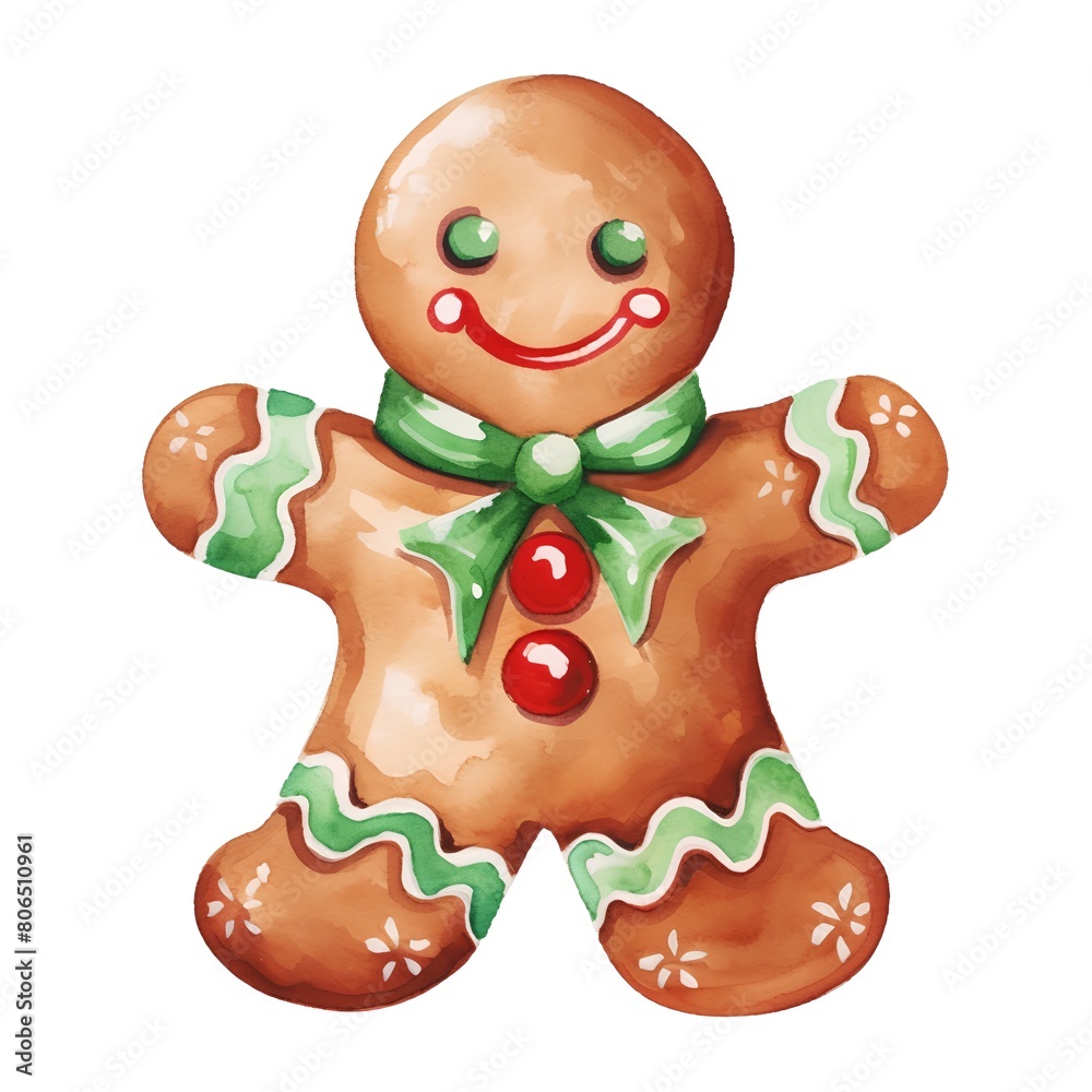Naklejka premium Christmas gingerbread man. Watercolor illustration isolated on white background.