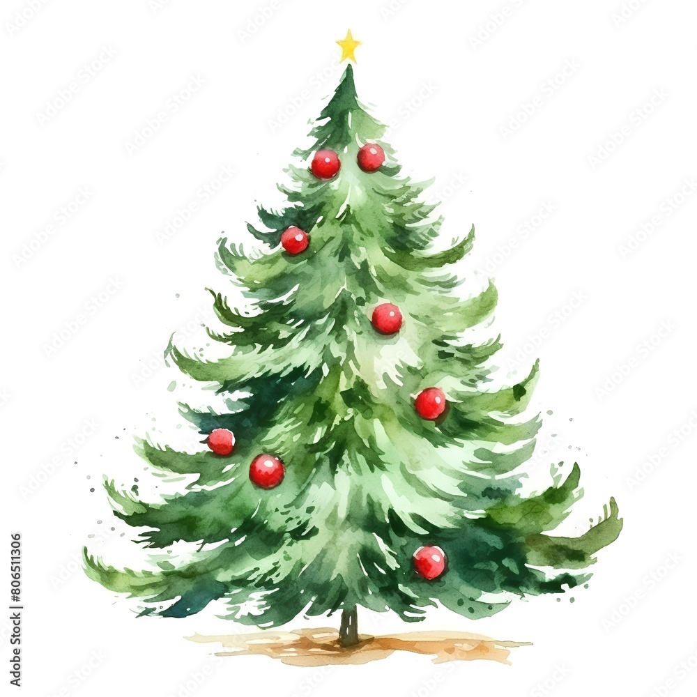 Watercolor Christmas tree isolated on white background. Hand drawn illustration.