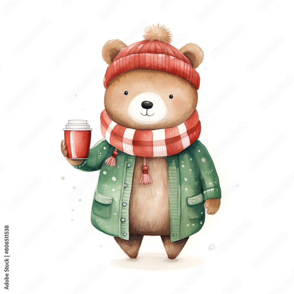 Watercolor illustration of a cute teddy bear in winter clothes with a mug of coffee. Watercolor illustration of a cute teddy bear in winter clothes with a mug of coffee.