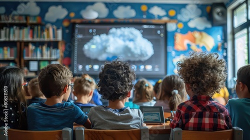 A group of students sit in a classroom, looking at an interactive whiteboard. The teacher is using the whiteboard to teach a lesson about the weather.