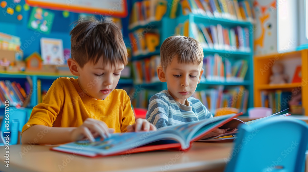 children boys reading books sitting at desks in children's center children boys reading books sitting at desks in children's center