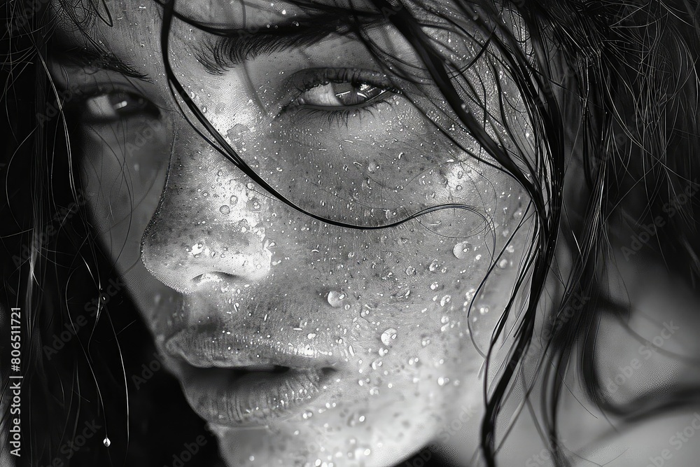 A portrait of a young woman with freckles and wet hair. She is looking down with her eyes closed.