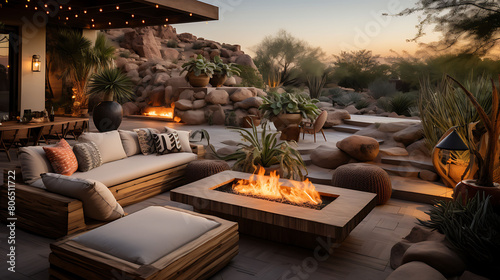 Desert backyard oasis with a fire pit, cacti, and comfortable, low-slung outdoor furniture, photo