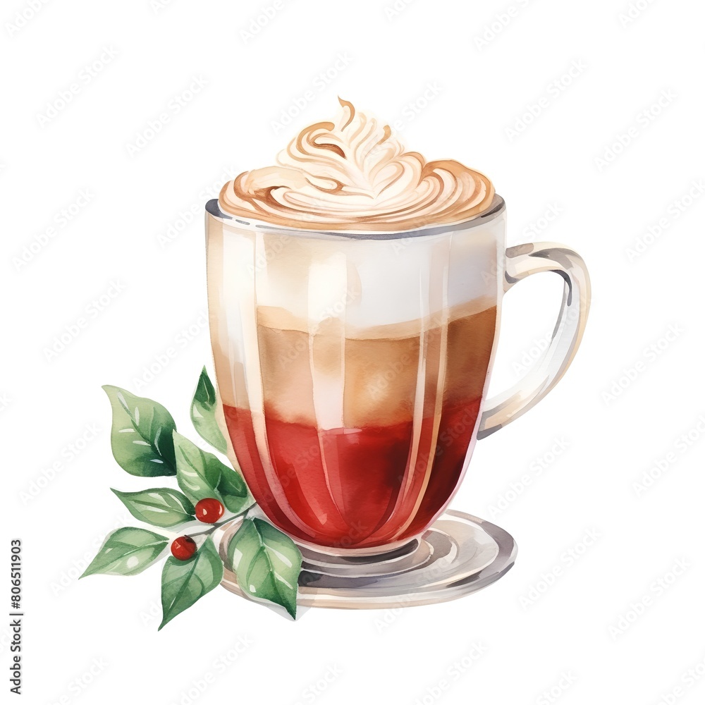 Coffee latte with whipped cream. Watercolor illustration.